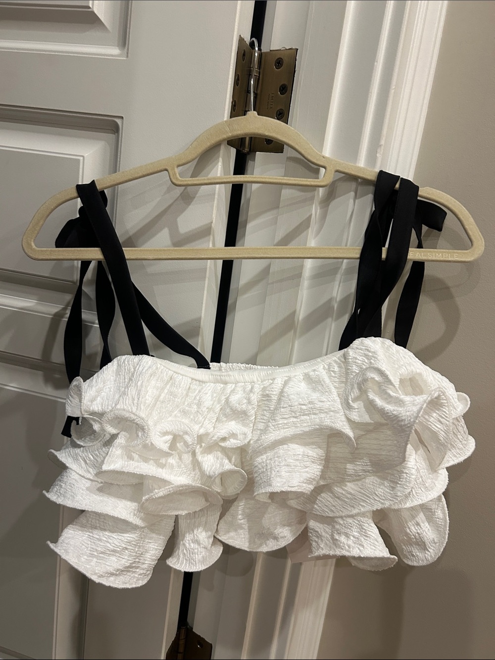 Zara White Ruffled Crop Top with Black Straps